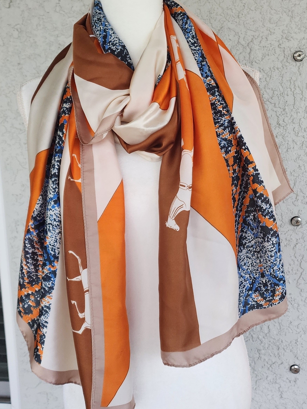 Silky Orange and Cream Fashion Wrap with Brown Trim - Picture 3 of 8